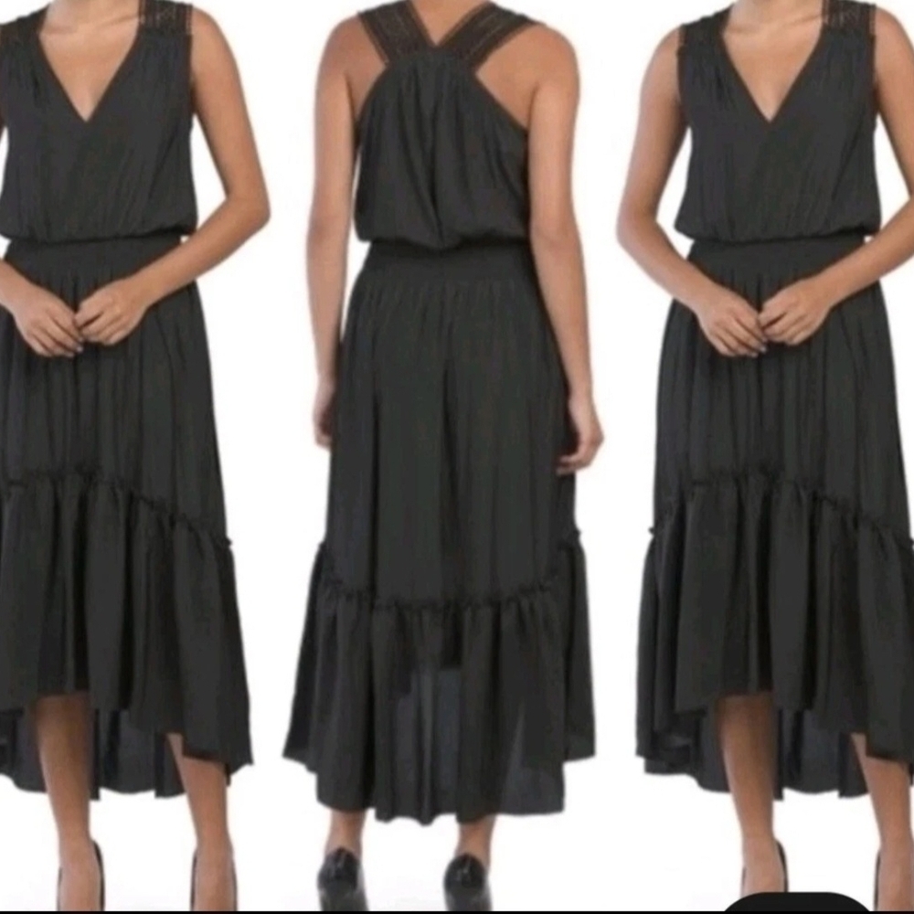 Ramy Brook Samantha Crochet Straps L Elegant Black Sleeveless High Low Dress